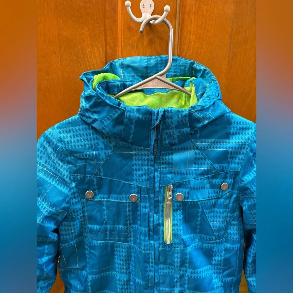Spyder Girls Evar Ski Jacket Size 12 Riviera Checkered Plaid Print/Green Flash